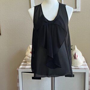 IZ Byer Large sleeveless, sheer black blouse with high neckline. Black.